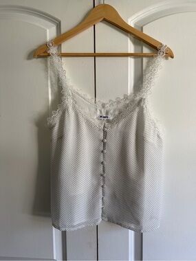 BB Dakota White Black Polka Dot Lace-Trim Camisole Floral Sleeve Button Down